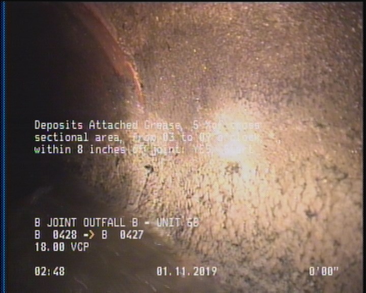 Deposits Attached Grease, 5 %of cross sectional area, from 03 to 09 o'clock, , within 8 inches of joint: YES, Start