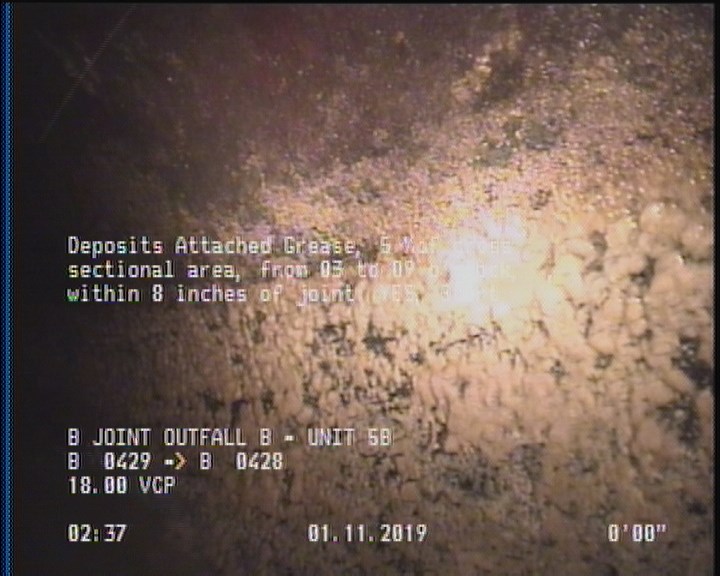 Deposits Attached Grease, 5 %of cross sectional area, from 03 to 09 o'clock, , within 8 inches of joint: YES, Start