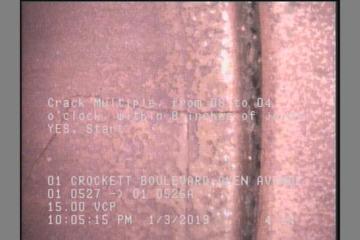 Crack Multiple, from 08 to 04 o'clock, within 8 inches of joint: YES, Start