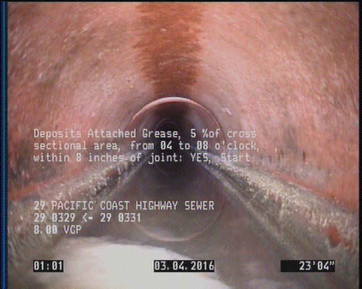 Deposits Attached Grease, 5 %of cross sectional area, from 04 to 08 o'clock, , within 8 inches of joint: YES, Start