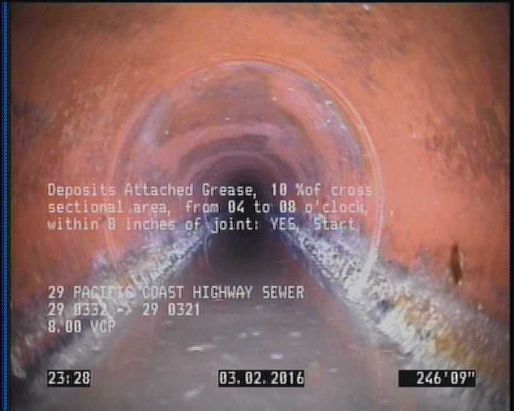 Deposits Attached Grease, 10 %of cross sectional area, from 04 to 08 o'clock, , within 8 inches of joint: YES, Start