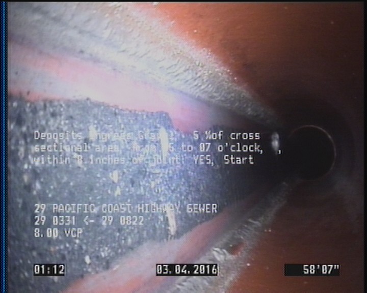 Deposits Ingress Gravel, 5 %of cross sectional area, from 05 to 07 o'clock, , within 8 inches of joint: YES, Start