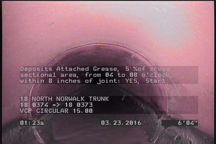 Deposits Attached Grease, 5 %of cross sectional area, from 04 to 08 o'clock, , within 8 inches of joint: YES, Start