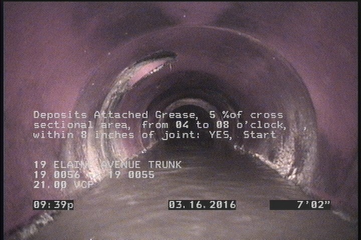 Deposits Attached Grease, 5 %of cross sectional area, from 04 to 08 o'clock, , within 8 inches of joint: YES, Start