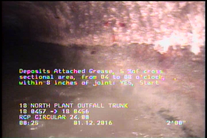 Deposits Attached Grease, 5 %of cross sectional area, from 04 to 08 o'clock, , within 8 inches of joint: YES, Start