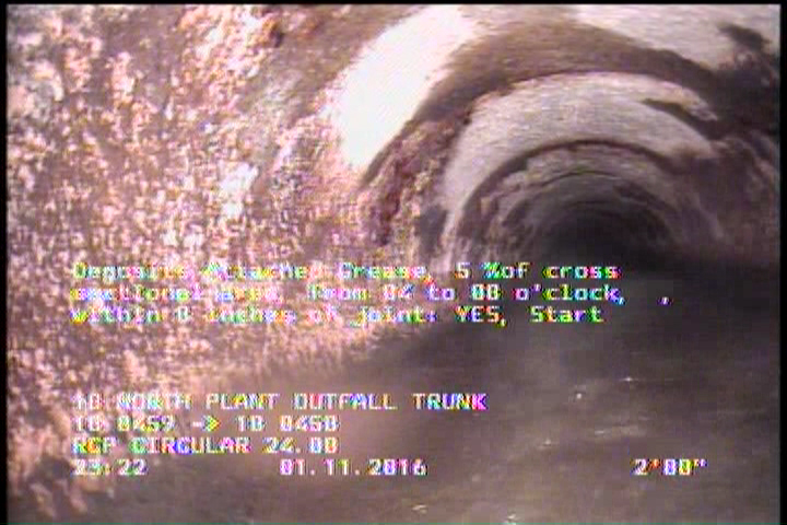 Deposits Attached Grease, 5 %of cross sectional area, from 04 to 08 o'clock, , within 8 inches of joint: YES, Start