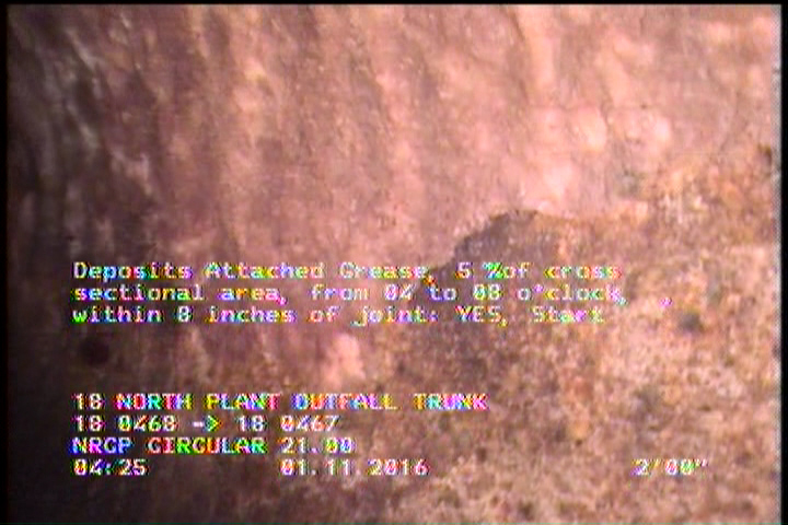 Deposits Attached Grease, 5 %of cross sectional area, from 04 to 08 o'clock, , within 8 inches of joint: YES, Start