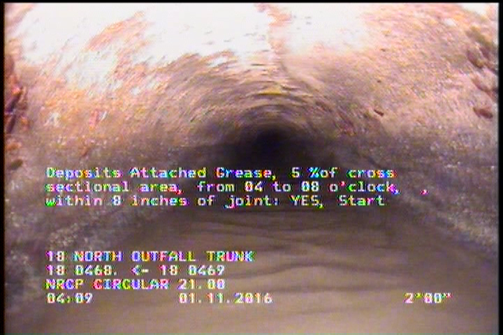 Deposits Attached Grease, 5 %of cross sectional area, from 04 to 08 o'clock, , within 8 inches of joint: YES, Start