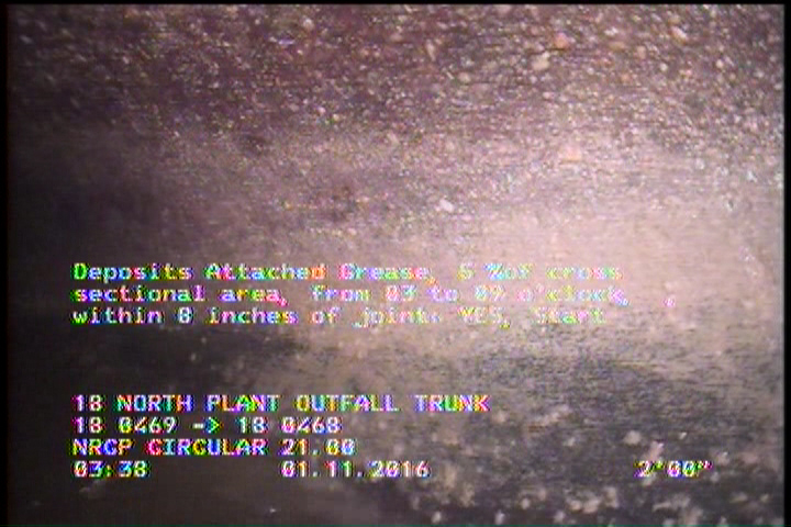 Deposits Attached Grease, 5 %of cross sectional area, from 03 to 09 o'clock, , within 8 inches of joint: YES, Start