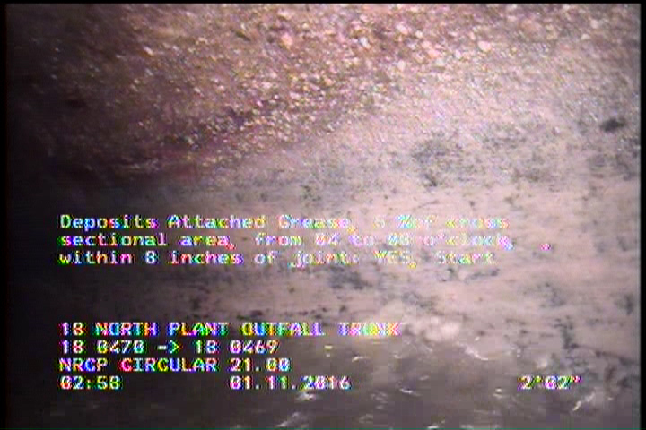 Deposits Attached Grease, 5 %of cross sectional area, from 04 to 08 o'clock, , within 8 inches of joint: YES, Start