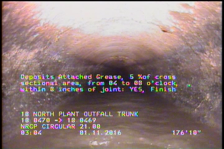 Deposits Attached Grease, 5 %of cross sectional area, from 03 to 09 o'clock, , within 8 inches of joint: YES, Start