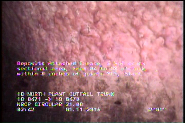 Deposits Attached Grease, 5 %of cross sectional area, from 04 to 08 o'clock, , within 8 inches of joint: YES, Start