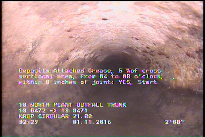 Deposits Attached Grease, 5 %of cross sectional area, from 04 to 08 o'clock, , within 8 inches of joint: YES, Start