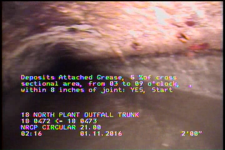 Deposits Attached Grease, 5 %of cross sectional area, from 03 to 09 o'clock, , within 8 inches of joint: YES, Start