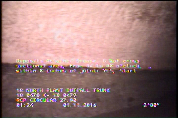 Deposits Attached Grease, 5 %of cross sectional area, from 04 to 08 o'clock, , within 8 inches of joint: YES, Start