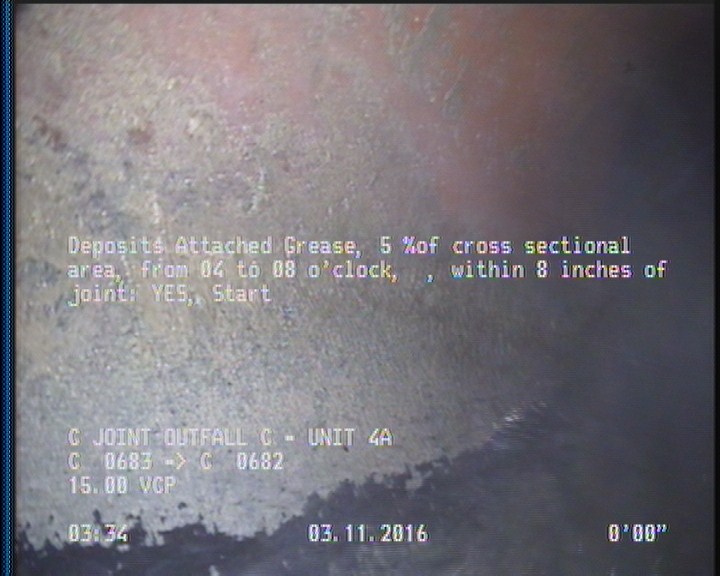 Deposits Attached Grease, 5 %of cross sectional area, from 04 to 08 o'clock, , within 8 inches of joint: YES, Start