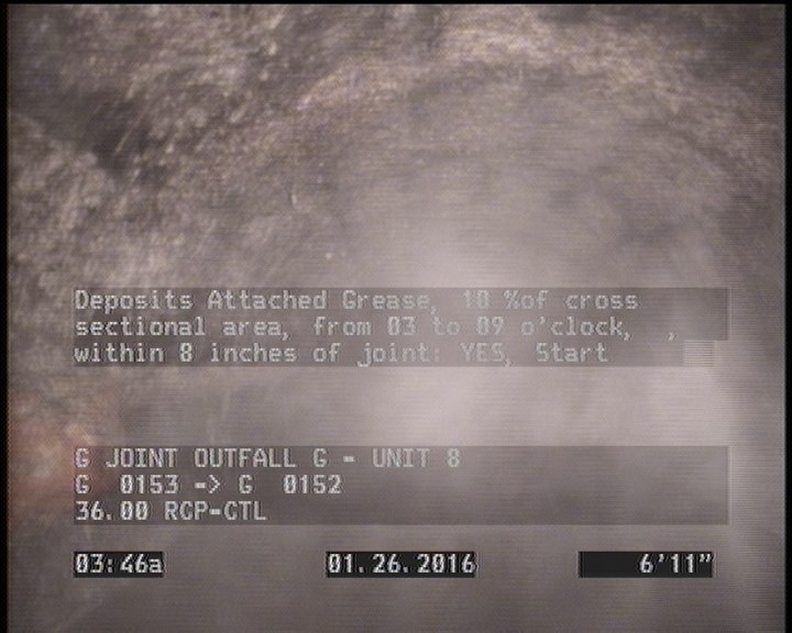 Deposits Attached Grease, 10 %of cross sectional area, from 03 to 09 o'clock, , within 8 inches of joint: YES, Start