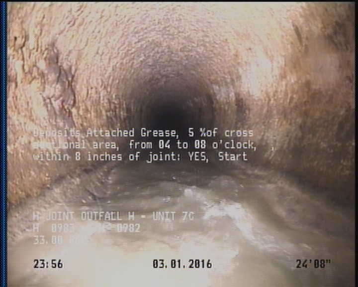 Deposits Attached Grease, 5 %of cross sectional area, from 04 to 08 o'clock, , within 8 inches of joint: YES, Start