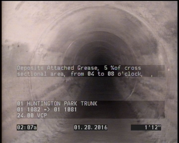 Deposits Attached Grease, 5 %of cross sectional area, from 04 to 08 o'clock, , within 8 inches of joint: YES, Start