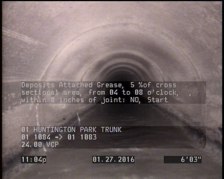 Deposits Attached Grease, 5 %of cross sectional area, from 04 to 08 o'clock, , within 8 inches of joint: NO, Start
