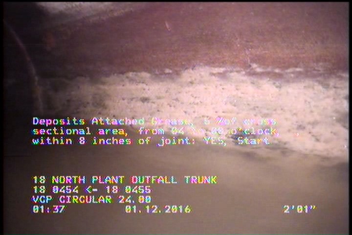 Deposits Attached Grease, 5 %of cross sectional area, from 04 to 08 o'clock, , within 8 inches of joint: YES, Start