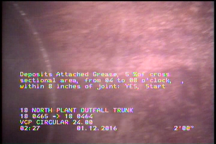 Deposits Attached Grease, 5 %of cross sectional area, from 03 to 09 o'clock, , within 8 inches of joint: YES, Start