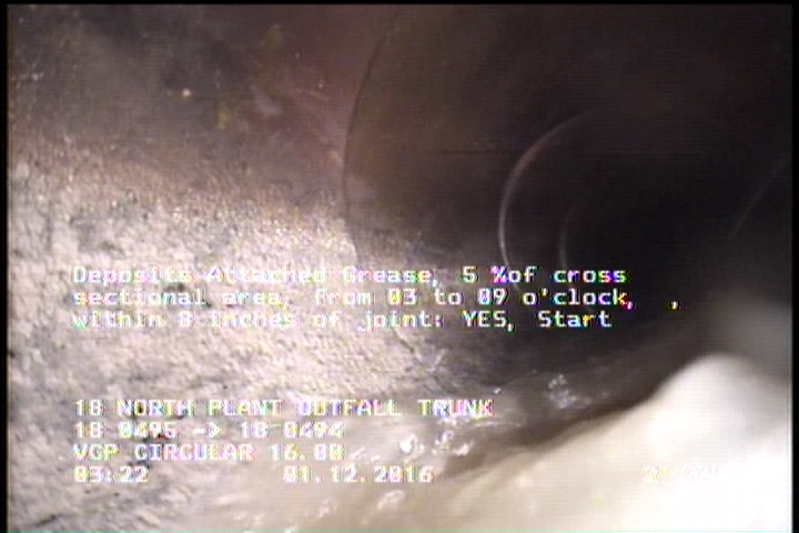 Deposits Attached Grease, 5 %of cross sectional area, from 03 to 09 o'clock, , within 8 inches of joint: YES, Start