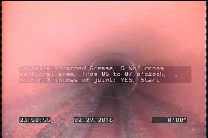 Deposits Attached Grease, 5 %of cross sectional area, from 05 to 07 o'clock, , within 8 inches of joint: YES, Start