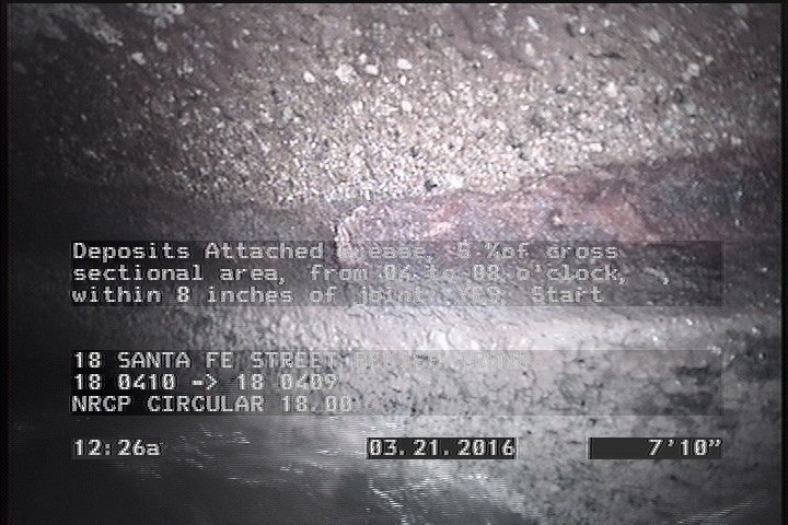 Deposits Attached Grease, 5 %of cross sectional area, from 04 to 08 o'clock, , within 8 inches of joint: YES, Start