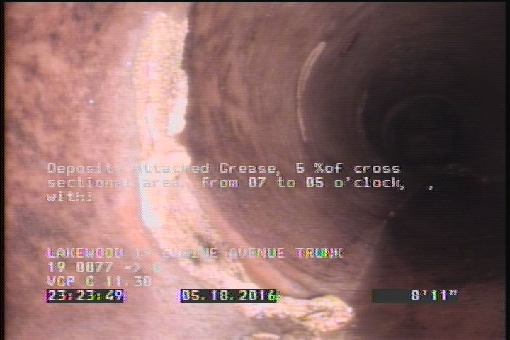 Deposits Attached Grease, 5 %of cross sectional area, from 07 to 05 o'clock, , within 8 inches of joint: NO