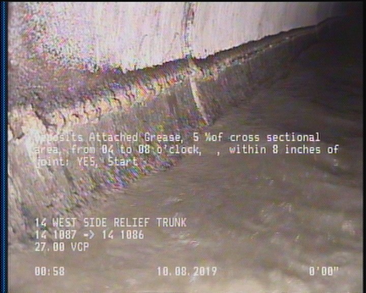 Deposits Attached Grease, 5 %of cross sectional area, from 04 to 08 o'clock, , within 8 inches of joint: YES, Start