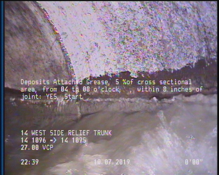 Deposits Attached Grease, 5 %of cross sectional area, from 04 to 08 o'clock, , within 8 inches of joint: YES, Start