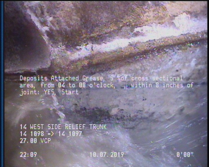 Deposits Attached Grease, 5 %of cross sectional area, from 04 to 08 o'clock, , within 8 inches of joint: YES, Start