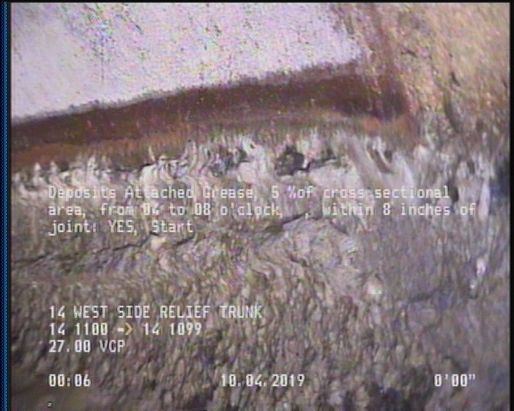 Deposits Attached Grease, 5 %of cross sectional area, from 04 to 08 o'clock, , within 8 inches of joint: YES, Start