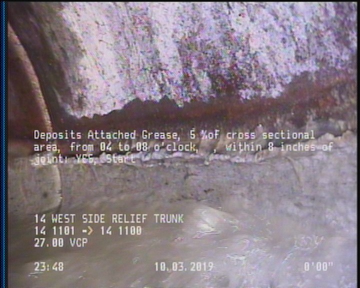 Deposits Attached Grease, 5 %of cross sectional area, from 04 to 08 o'clock, , within 8 inches of joint: YES, Start