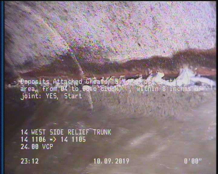 Deposits Attached Grease, 5 %of cross sectional area, from 04 to 08 o'clock, , within 8 inches of joint: YES, Start