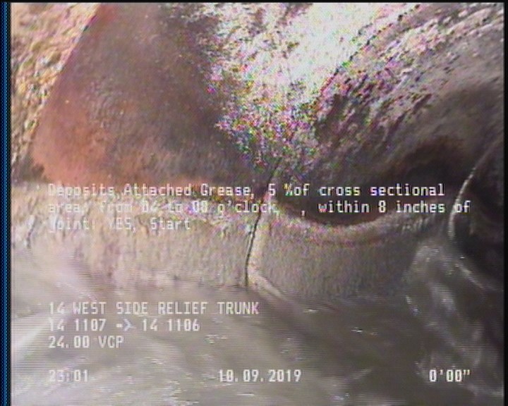 Deposits Attached Grease, 5 %of cross sectional area, from 04 to 08 o'clock, , within 8 inches of joint: YES, Start