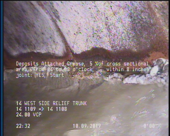 Deposits Attached Grease, 5 %of cross sectional area, from 04 to 08 o'clock, , within 8 inches of joint: YES, Start