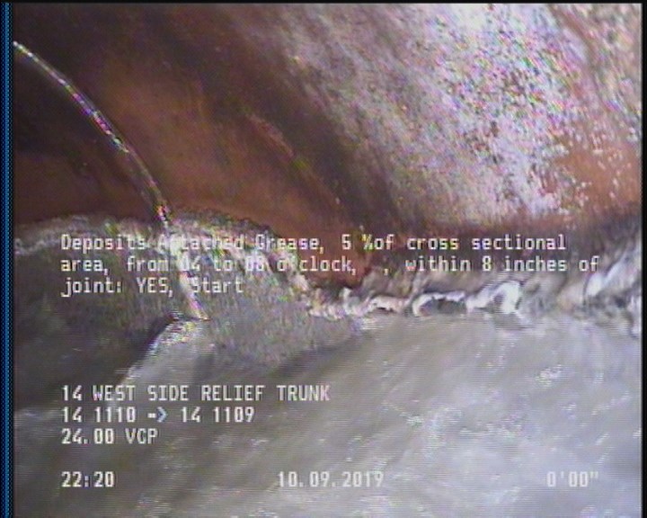 Deposits Attached Grease, 5 %of cross sectional area, from 04 to 08 o'clock, , within 8 inches of joint: YES, Start