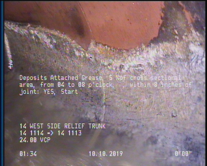 Deposits Attached Grease, 5 %of cross sectional area, from 04 to 08 o'clock, , within 8 inches of joint: YES, Start