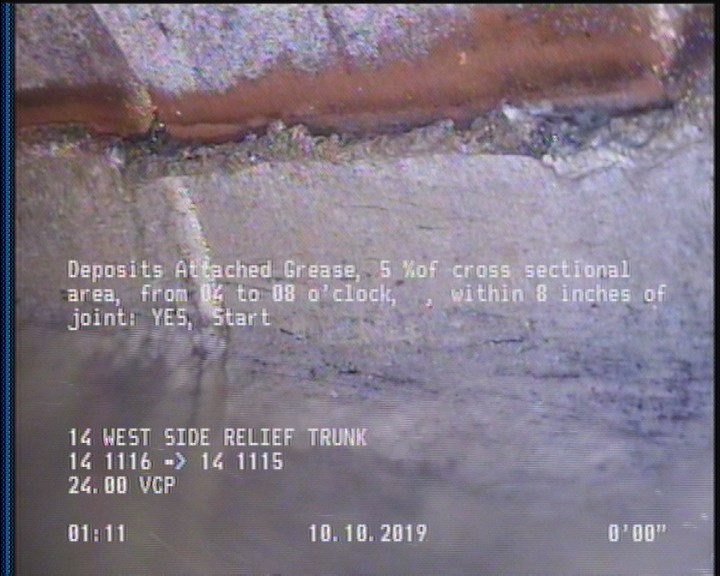 Deposits Attached Grease, 5 %of cross sectional area, from 04 to 08 o'clock, , within 8 inches of joint: YES, Start