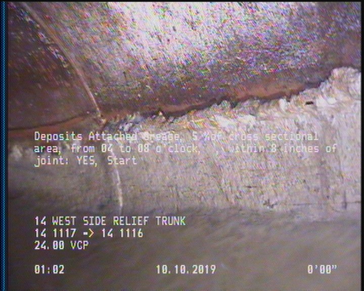 Deposits Attached Grease, 5 %of cross sectional area, from 04 to 08 o'clock, , within 8 inches of joint: YES, Start