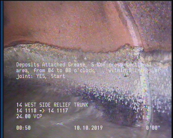 Deposits Attached Grease, 5 %of cross sectional area, from 04 to 08 o'clock, , within 8 inches of joint: YES, Start