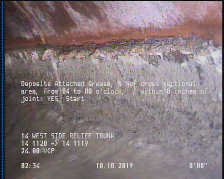 Deposits Attached Grease, 5 %of cross sectional area, from 04 to 08 o'clock, , within 8 inches of joint: YES, Start