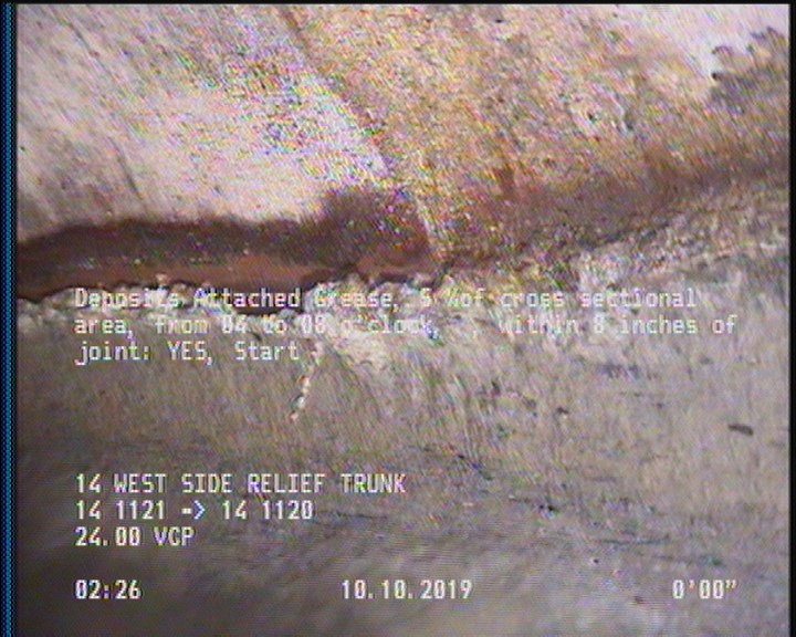 Deposits Attached Grease, 5 %of cross sectional area, from 04 to 08 o'clock, , within 8 inches of joint: YES, Start
