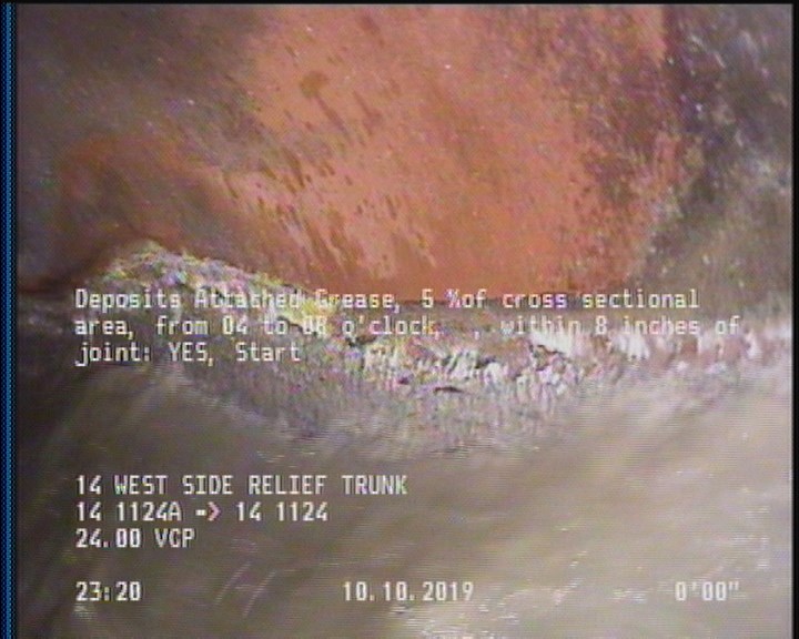 Deposits Attached Grease, 5 %of cross sectional area, from 04 to 08 o'clock, , within 8 inches of joint: YES, Start