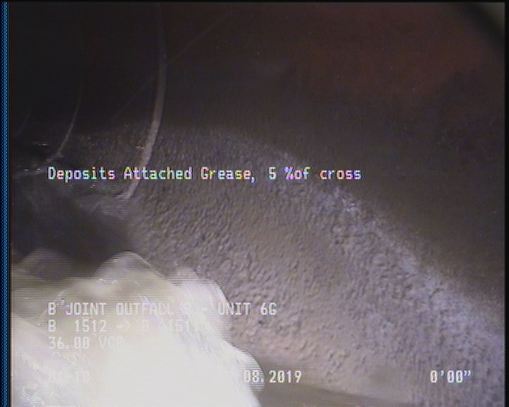 Deposits Attached Grease, 5 %of cross sectional area, from 04 to 08 o'clock, , within 8 inches of joint: YES, Start