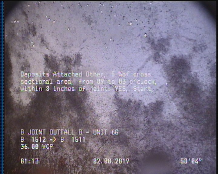 Deposits Attached Other, 5 %of cross sectional area, from 09 to 03 o'clock, , within 8 inches of joint: YES, Start - MINERALS