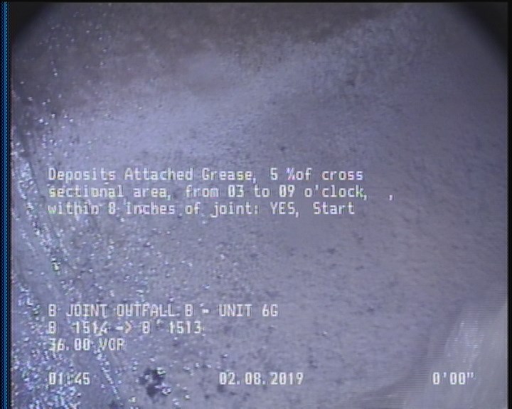 Deposits Attached Grease, 5 %of cross sectional area, from 03 to 09 o'clock, , within 8 inches of joint: YES, Start