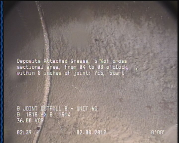 Deposits Attached Grease, 5 %of cross sectional area, from 04 to 08 o'clock, , within 8 inches of joint: YES, Start